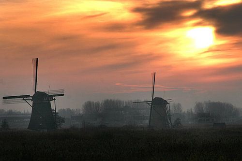 Kinderdijk bij avond.