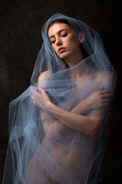 Vrouw, sexy naakt als pinup in blauw net van Atelier Liesjes