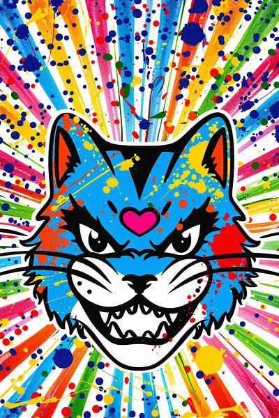 Kleurrijke kat met abstracte spatten achtergrond van Art & Soul Creations