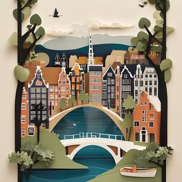 Paper-cut style illustration of a Dutch cityscape by Dreamy Faces