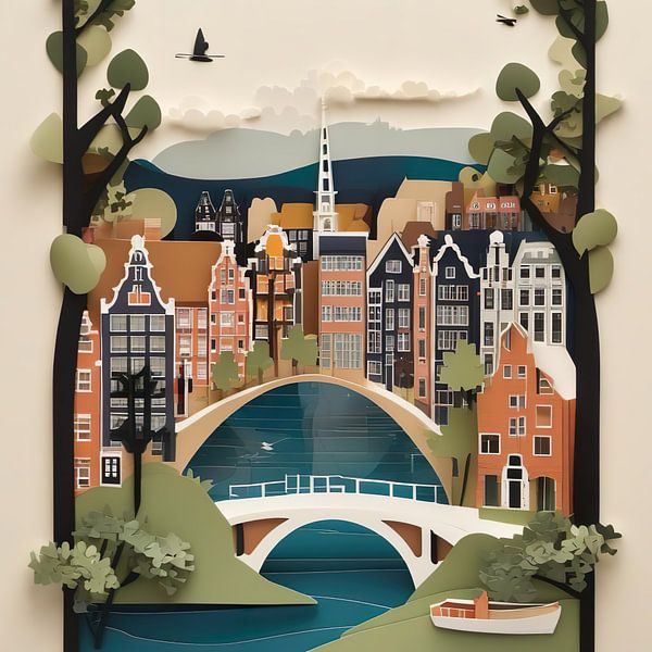 Paper-cut style illustration of a Dutch cityscape von Dreamy Faces