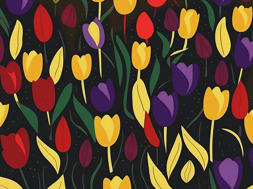 Kleurrijk grafisch kunstwerk met tulpen op donkere achtergrond