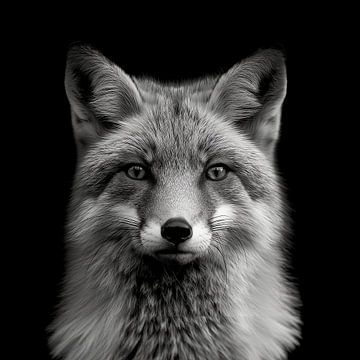 dramatic portrait of a wild fox photographed in black and white by Margriet Hulsker