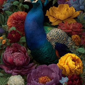 Pauw tussen kleurrijke bloemen – luxueus en gedetailleerd kunstwerk vol symboliek van But First Framing