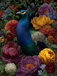 Pfau inmitten bunter Blumen - luxuriöses und detailreiches Kunstwerk voller Symbolik