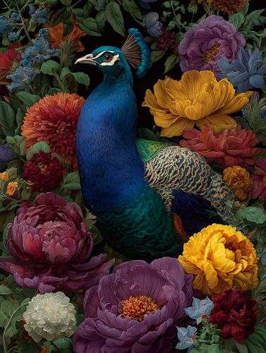 Paon parmi des fleurs colorées - une œuvre d'art luxueuse et détaillée, pleine de symbolisme