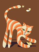 Red striped cat catches butterflies