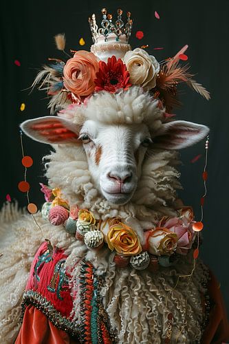 Funny sheep in 60s disco outfit with crown