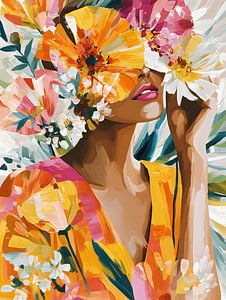 Femme avec des fleurs et la lumière du soleil