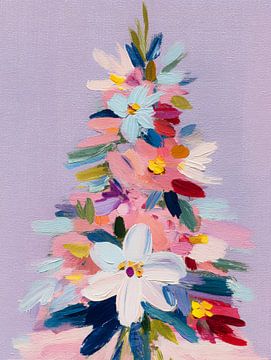 Moderne bloemrijke kerstboom in zachte pasteltinten met expressieve verfstreken
