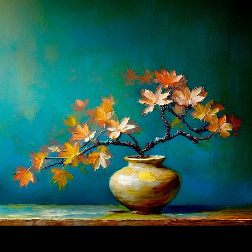 Stilleben: Japanischer Ahorn in irdener Vase