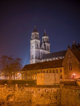 Dom van Magdeburg en Bastionklave bij nacht