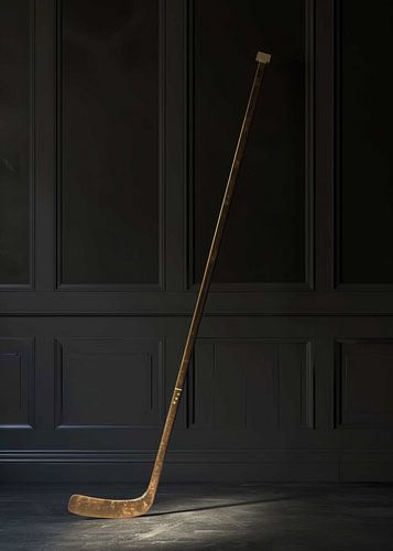 A vintage wooden ice hockey stick standing upright in a dark room