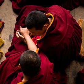 Two young monks during morning meditation by Yona Photo