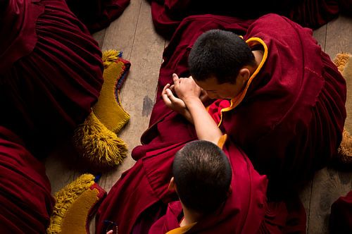 Two young monks during morning meditation by Yona Photo