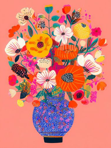 Bouquet de fleurs coloré sur fond rose corail