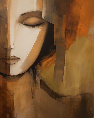 Modern abstract portret van een vrouw in aardetinten