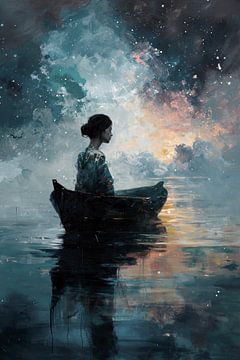 Painting of a lone woman in a boat by Digitale Schilderijen