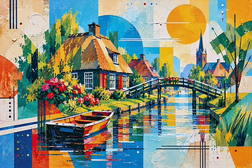 Ein Gemälde von Giethoorn, Overijssel – Ein wunderschönes Wasserdorf in den Niederlanden.