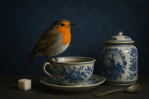 Delftware et rouge-gorge - une nature morte pleine de charme