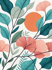 Enchanting Botanical Sunset Serenity: A Vibrant Abstract Nature Study with Lush Teal Leaves and Gentle Pink Petals by Artistic
