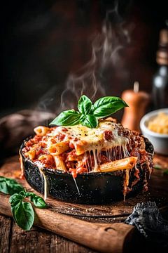 Kaasgebakken pasta met basilicumdecoratie van Poster Art Shop
