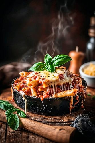 Kaasgebakken pasta met basilicumdecoratie