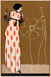 Vintage fashion print featuring a woman in a long dress and a minimalist poppy by Studio Pieternel