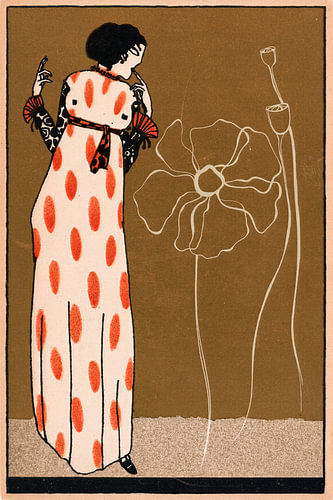 Illustration de mode vintage représentant une femme en robe longue et un coquelicot minimaliste