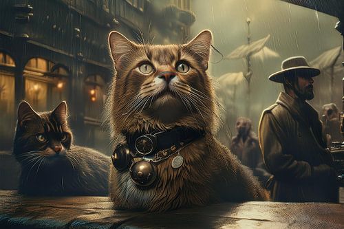 Steampunk kunstwerk met katten in een Victoriaanse stad met slecht weer