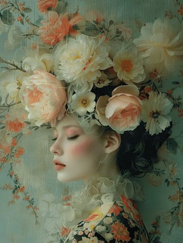 Flowergirl, modern portret met bloemen in pastelkleuren