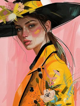 Kleurrijk portret in geel, oranje en roze van Carla Van Iersel