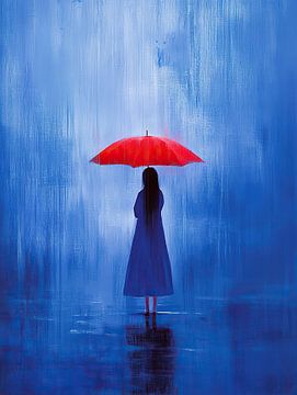 Frau unter rotem Regenschirm