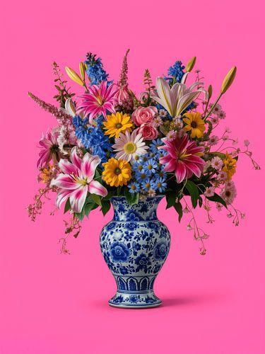 Klassisches Pop-Art-Stillleben: Sommerblumenstrauß auf delfterblauer Vase