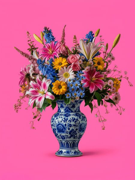 Klassisches Pop-Art-Stillleben: Sommerblumenstrauß auf delfterblauer Vase von Studio Pieternel