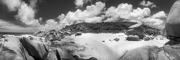 Droomstrand op de Seychellen in zwart-wit. van Manfred Voss, Schwarz-weiss Fotografie