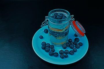 Heidelbeer-Joghurt-Sahne-Bisquit und frische Früchte im Glas