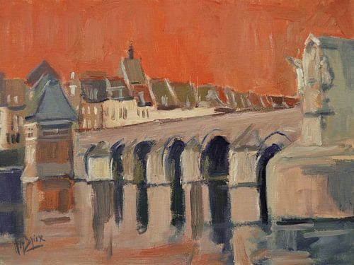 Maas Bridge with an orange sky by Nop Briex