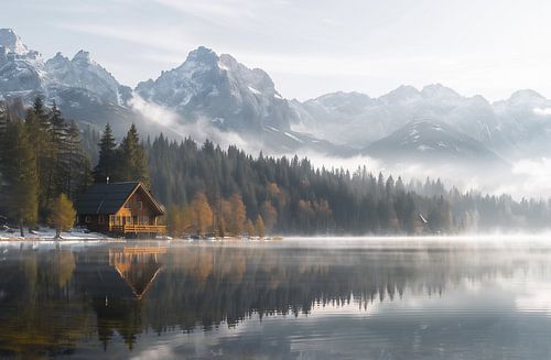Fog on the crystal-clear lake