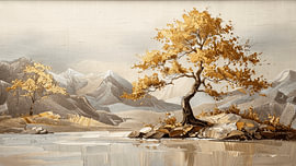 Japanische Stickkunst: Goldener Baum und Berglandschaft am Wasser