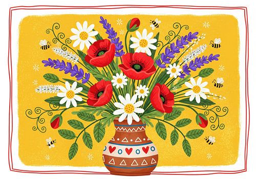Blumenarrangement mit Mohn, Gänseblümchen und Lavendel in Vase