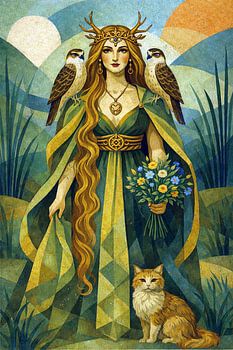 Een schilderij van Freya, Noordse godin van de liefde.