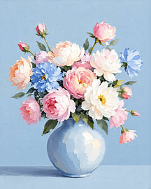 Romantischer Blumenstrauß mit Impasto-Struktur in einer blauen Vase von STUDIO ARTSY