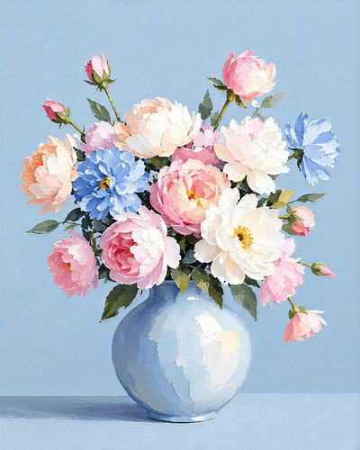 Romantic bouquet with an impasto texture in a blue vase