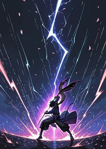 Samurai die Katana met Neon Bliksem vasthoudt