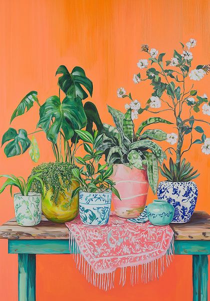 Vibrant Contrast: Plants in Pastel against Orange by Bianca ter Riet