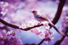 Nachtigall auf einem Kirschblütenast im Frühling