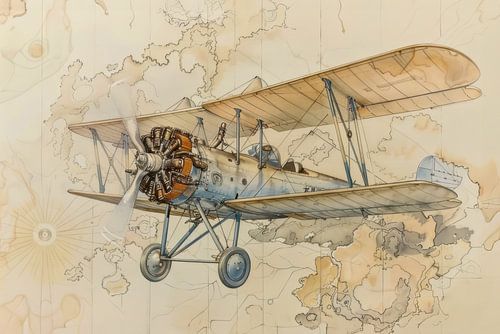 Detailed drawing of a vintage biplane - 