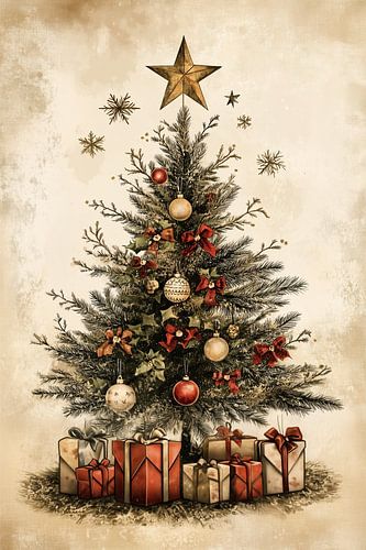 Vintage Retro-Weihnachtsbaum mit Geschenken - Sepia-Nostalgie