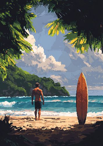 Surf Poster Strand Zee - Pixel Art